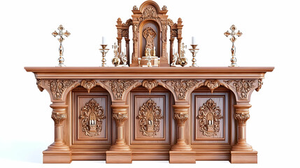Fototapeta premium Ornate wooden altar. Detailed carvings adorn the large, light-brown table-like structure. Candlesticks, crosses, and a figure are on top