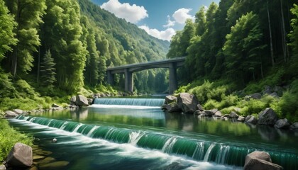 Scenic River Flows Under Bridge Amidst Lush Green Forest Landscape