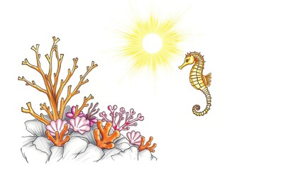 Hand-drawn sketch, beautiful coral reef and seahorses