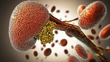 Fungal spores and mycelium. Close-up view of a fungal structure with branching filaments and clusters of spores