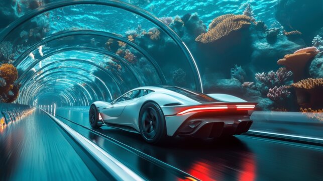 Futuristic white sports car driving through an underwater tunnel surrounded by vibrant coral reefs and marine life.
