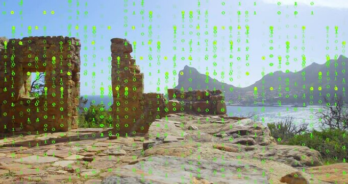 Ancient ruins by sea with digital binary code animation overlay