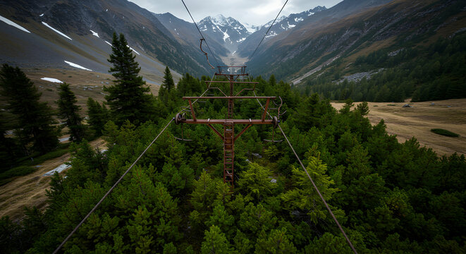 Aerial Tramway Ascent Through Forest with Mountain Peak Backdrop View