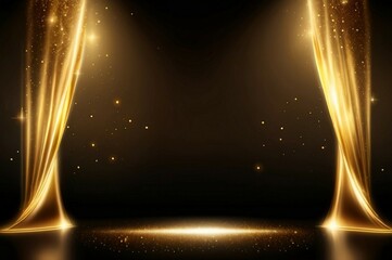 A luxurious event stage with multiple golden spotlights beaming down onto a polished wooden floor and black background