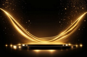 A luxurious event stage with multiple golden spotlights beaming down onto a polished wooden floor and black background