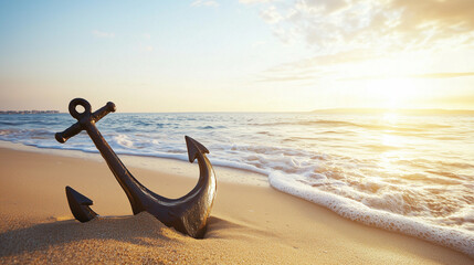 Anchor's Embrace: A weathered anchor rests peacefully on a sun-kissed beach, its silhouette contrasting against the soft waves and vibrant sunset.