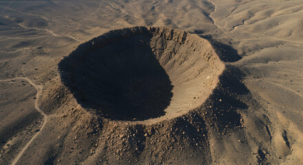 Aerial View of a Large Impact Crater in the Desert Landscape