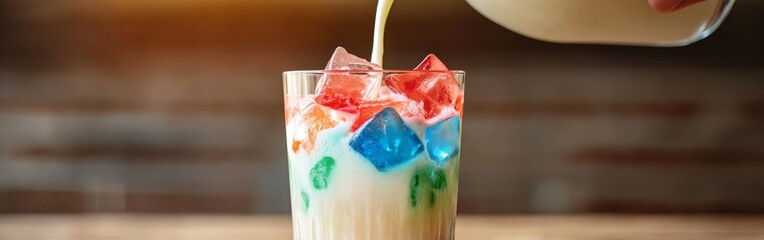 Milk Poured into Vibrant Colored Drinks with Ice