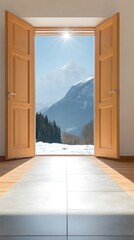 Fototapeta premium Open Door to Snowy Mountain View.