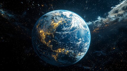 Stunning View of Earth from Space with Bright City Lights and Galactic Background at Night Time