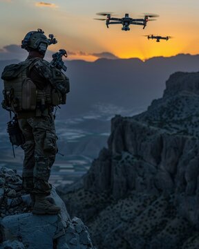 Soldier silhouette controlling drones for military combat and surveillance operations