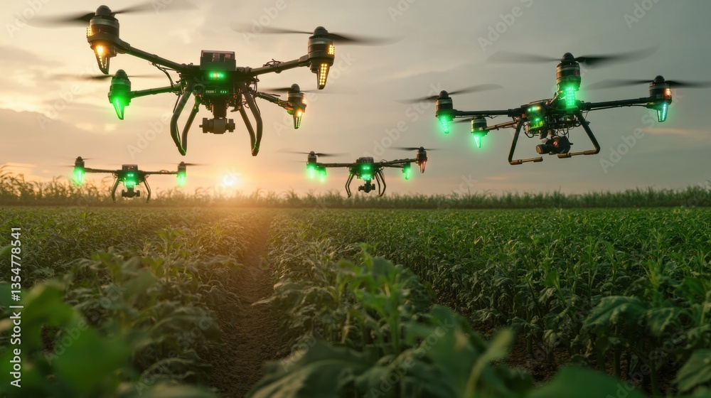 Poster futuristic drones enhance agricultural efficiency while scanning crops in a lush green field during 