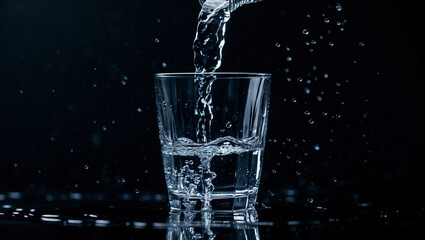 Pure refreshment: Water cascading into a glass against a dark background, capturing the essence of hydration and purity.
