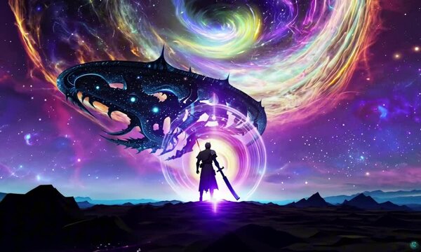 A lone cosmic samurai, wielding a katana forged from stardust, faces off against a monstrous galactic kraken. The creature&rsquo;s massive glowing tentacles weave through a nebula