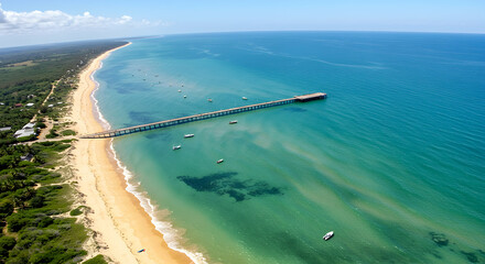 Fototapeta premium Aerial View of Beach with Pier Stretching Into Turquoise Ocean Water