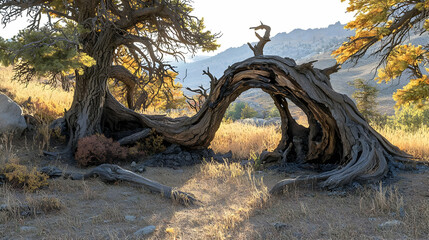 Fototapeta premium Ancient gnarled tree trunk in autumnal landscape. Sunlight filters through twisted branches