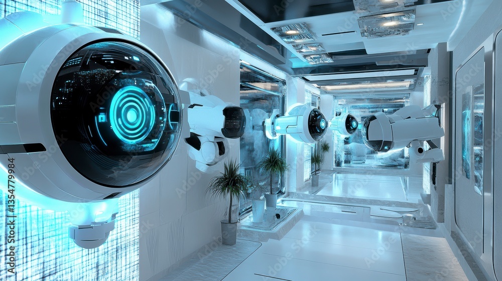 Poster futuristic hallway with robotic security cameras and glowing blue interfaces.