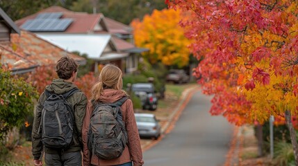 Obraz premium Couple hiking autumnal street