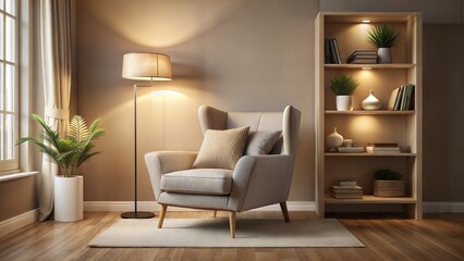 Serene Interior Featuring Beige Armchair, Floor Lamp, Bookcase, and Potted Plant Near Window