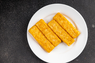 Fish sticks seafood dish fresh delicious gourmet food background on table rustic food top view copy space keto and paleo pescetarian diet