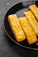 Fish sticks seafood dish fresh delicious gourmet food background on table rustic food top view copy space keto and paleo pescetarian diet