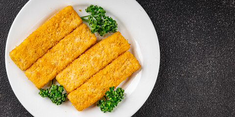 Fish sticks seafood dish fresh delicious gourmet food background on table rustic food top view copy space keto and paleo pescetarian diet