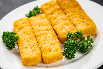 Fish sticks seafood dish fresh delicious gourmet food background on table rustic food top view copy space keto and paleo pescetarian diet
