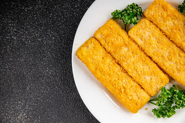 Fish sticks seafood dish fresh delicious gourmet food background on table rustic food top view copy space keto and paleo pescetarian diet