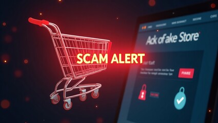 A 3D rendered shopping cart next to a screen displaying a scam alert, highlighting online shopping risks.
