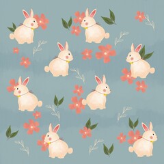 Cute White Rabbit Seamless Pattern, with pink flowers and green leaves