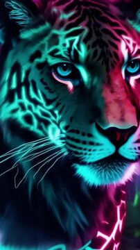 vertical 9:16 A sleek, cybernetic jaguar with glowing blue circuitry stalks through a neon jungle. Its metallic fur ripples like liquid chrome, and its glowing eyes scan the environment