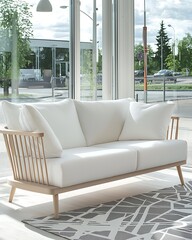 White couch with wooden legs sits in front of a window