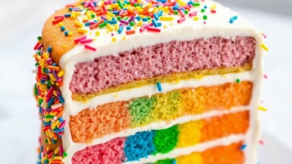 A vibrant rainbow layer cake with bright, colorful sponge layers and creamy white frosting between each layer, topped with rainbow sprinkles.