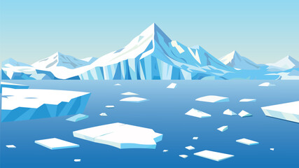  An Arctic or Antarctic ice landscape with floating icebergs in a cartoon/vector style, Arctic iceberg floating in cold blue ocean vector illustration, 2D cartoon icy ocean with snow-covered mountains