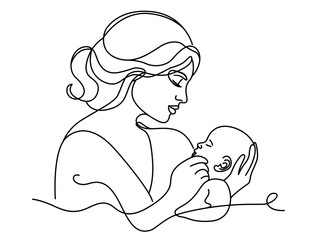 Happy mother's day line art illustration. Mothers day mom and child greeting design. Background hand drawn mother with baby. Woman and baby line art vector logo. Woman and baby line art design