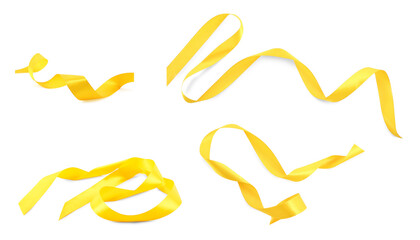 Beautiful yellow ribbons isolated on white, set
