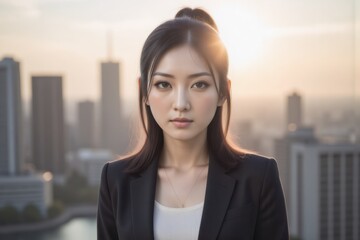 Fototapeta premium Confident Young Asian Businesswoman in a Power Suit Against a City Skyline at Sunset