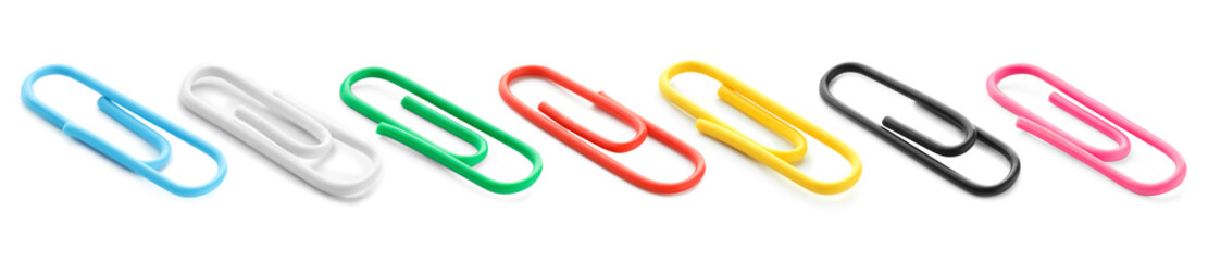 Colorful paper clips isolated on white, set