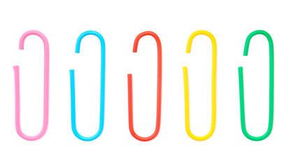 Set with colorful paper clips isolated on white, top view