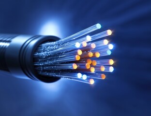 Close-up of glowing fiber optic cables transmitting data, isolated against a futuristic blue background, representing high-speed internet, communication, and technology.