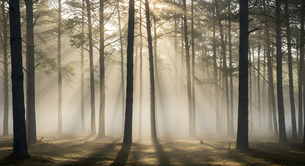 Fototapeta premium Sun Rays Streaming Through Fog in Forest Creates Ethereal Scene