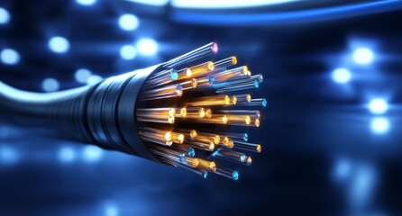Close-up of glowing fiber optic cables transmitting data, isolated against a futuristic blue background, representing high-speed internet, communication, and technology.