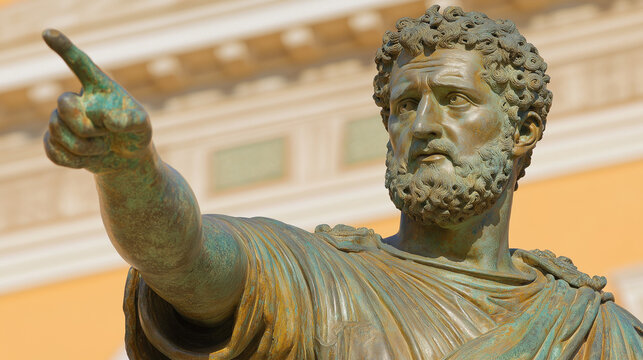 Emperor's Gaze: A close-up shot of a bronze statue of a distinguished emperor with an imperious expression, pointing towards the distance. Capturing the power and authority.