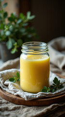 A jar filled with yellowish-orange colored liquid, possibly a type of oil or fat, sitting on a wooden tray and accompanied by greenery.