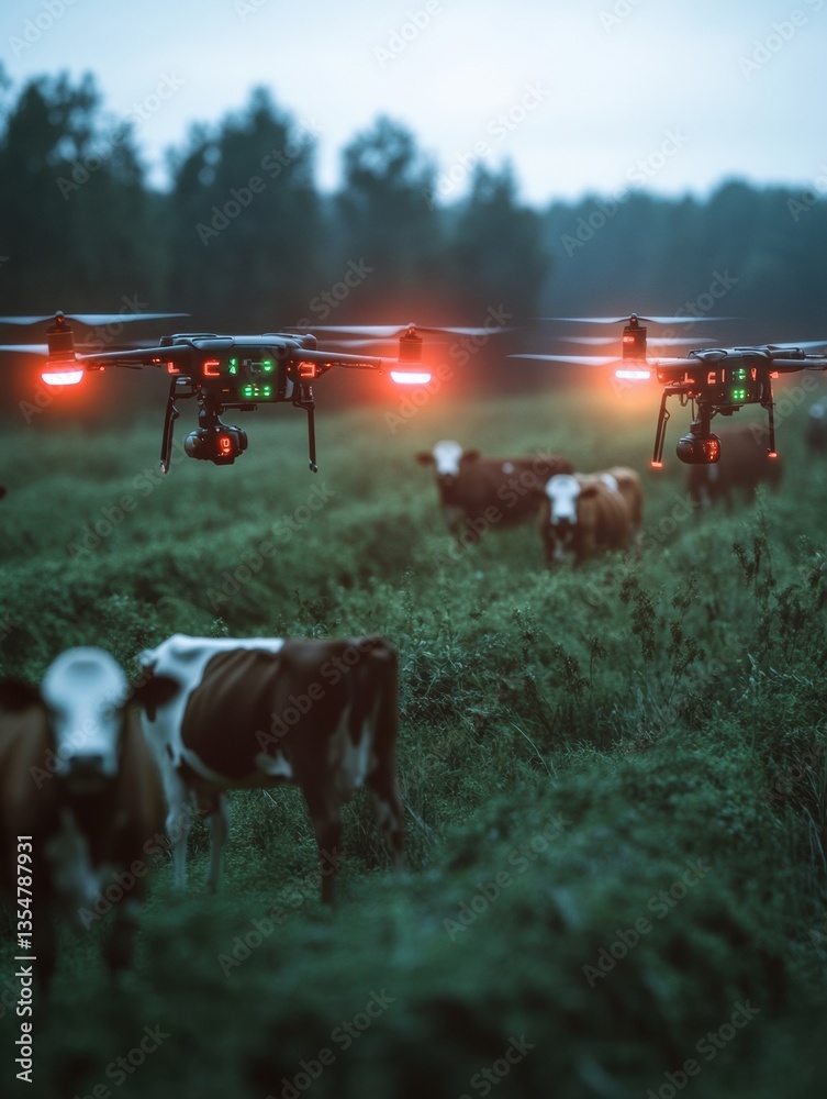 Aufkleber Fleet of autonomous drones scanning cows in a futuristic farm management system at dusk