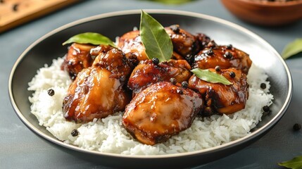 Fototapeta premium Filipino chicken adobo served with steamed white rice in a warm rustic kitchen setting with bay leaves and peppercorns