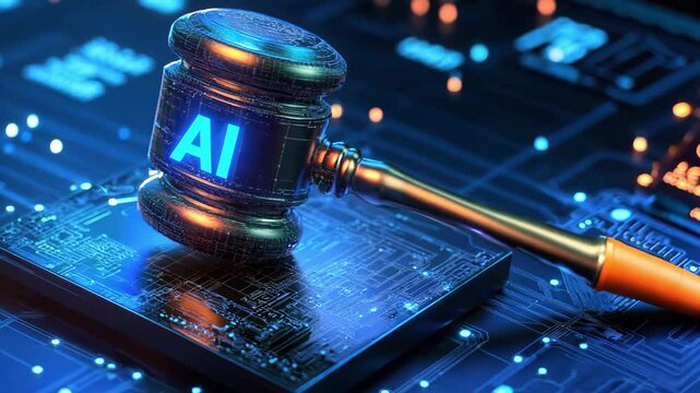 The impact of artificial intelligence on legal frameworks and technological advancements, represented by a gavel against a digital background featuring AI elements