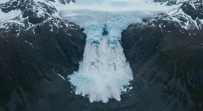 Glacier Waterfall Flowing Into Ocean Surrounded by Snowy Mountains