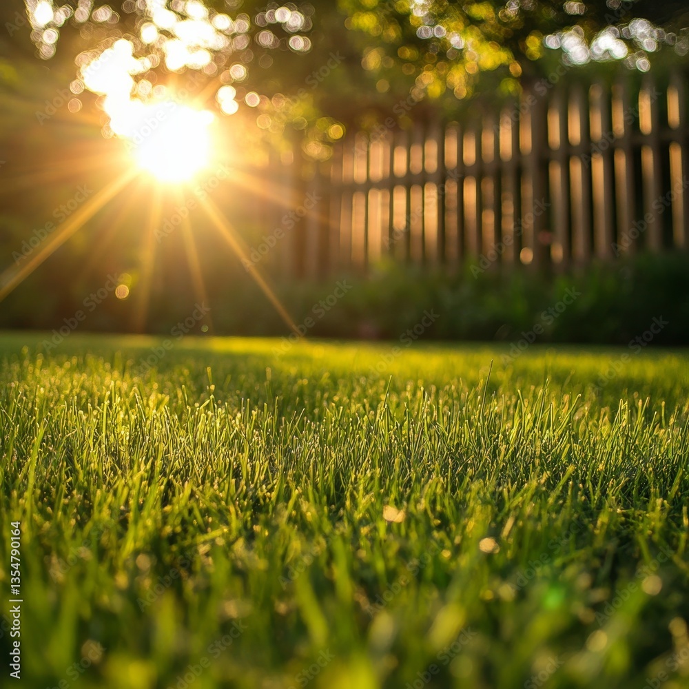 Poster golden hour glow: sunlight streaming through trees and grass, casting a warm and serene ambiance in 