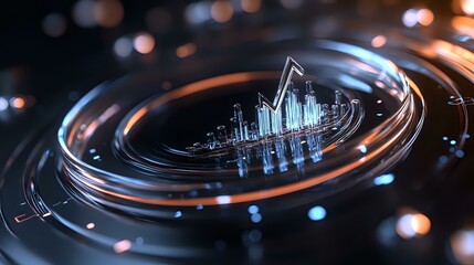 Futuristic circular interface with glowing data visualization and city skyline hologram floating above reflective surface in dark environment with bokeh lights.